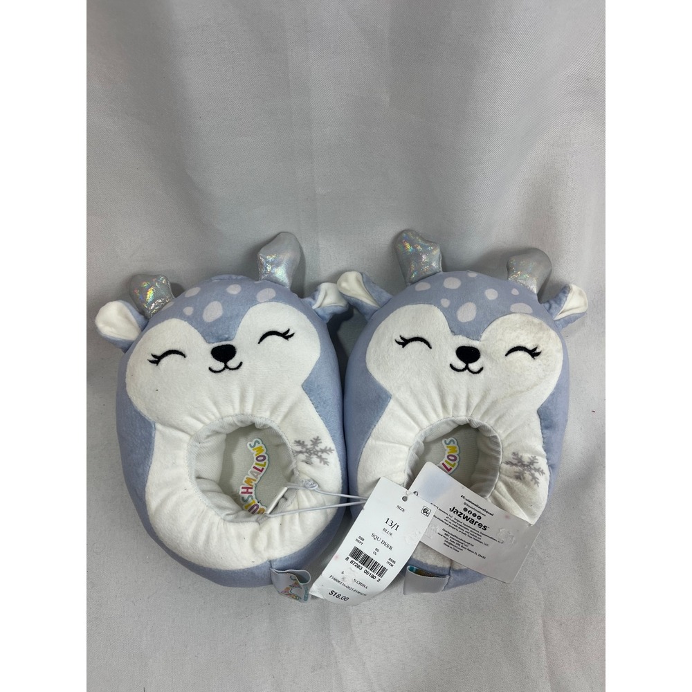 Squishmallows Blue Deer Plush Slippers Kids Size 13/1 Silver Antlers Snowflake